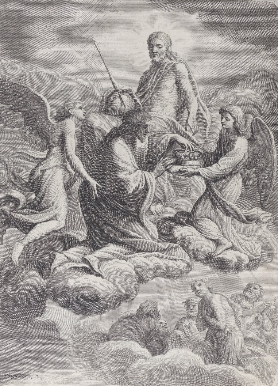 Pyhä Ludvig Ranskalainen vastaanotti taivaaseen Kristuksen ja kahden enkelin kautta, jotka tarjoavat hänelle n..., 1671-80. tekijältä Charles Louis Simonneau