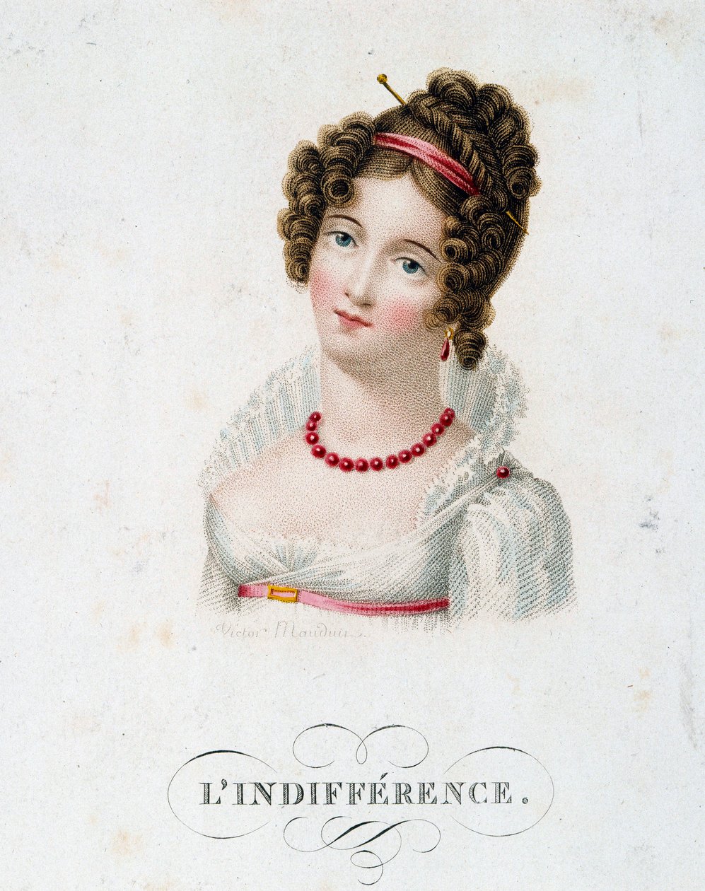 Välinpitämättömyys Nuori nainen muotiin pukeutunut First Empire. Victor Mauduitin (1788-?) litografia 1800-luvun Pariisi, koristetaide tekijältä Charles Louis Victor Mauduit