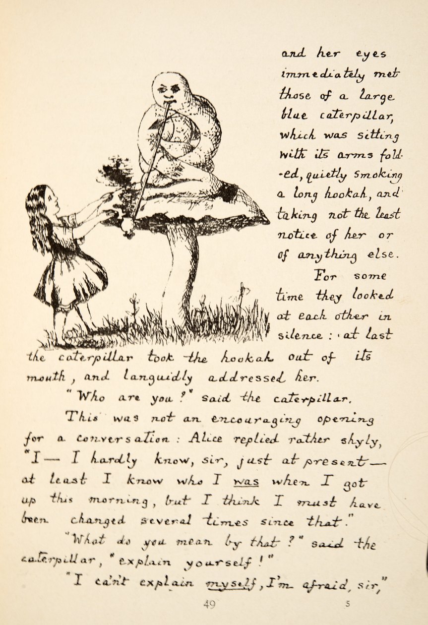 Alice saa neuvoja Blue Caterpillarilta, kuvituksen Alices Adventures Under Ground -pubista. 1886 (faksimile) tekijältä Charles Lutwidge Dodgson