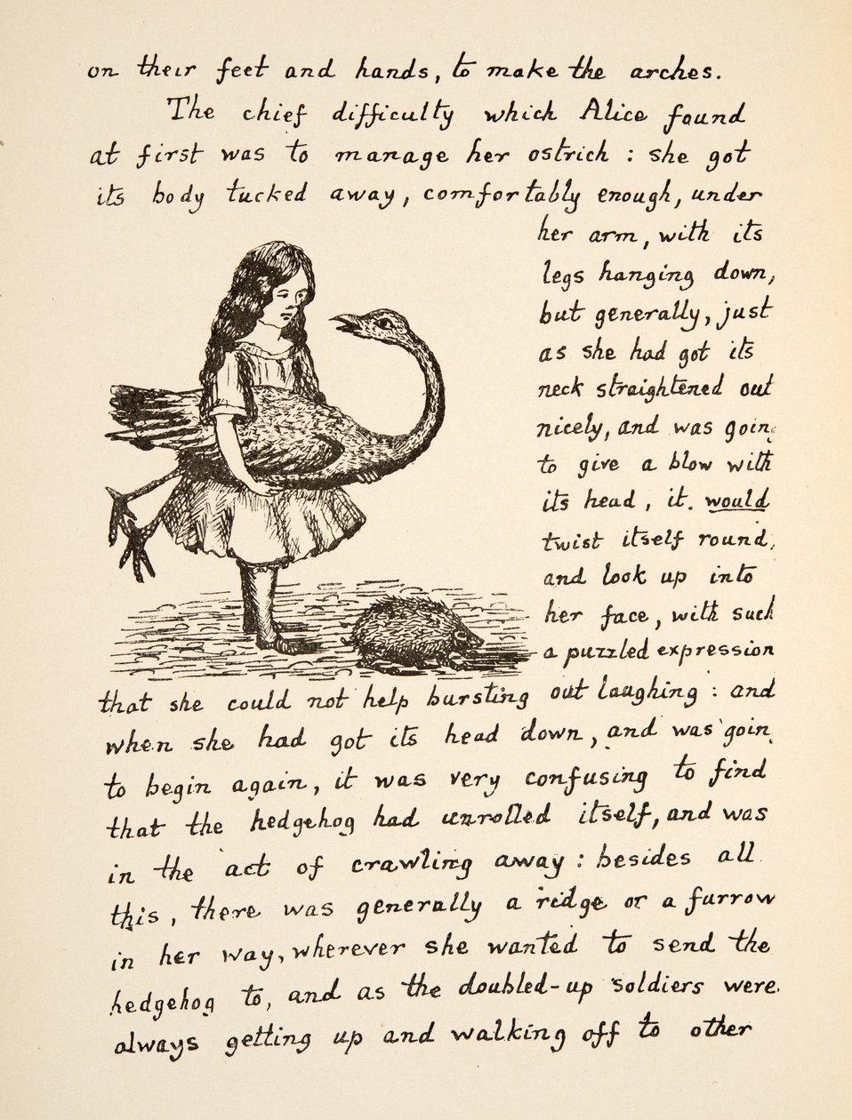 Alice pitelee strutsiaan, kuvitus Alices Adventures Under Groundista, pub. 1886 (faksimile) tekijältä Charles Lutwidge Dodgson