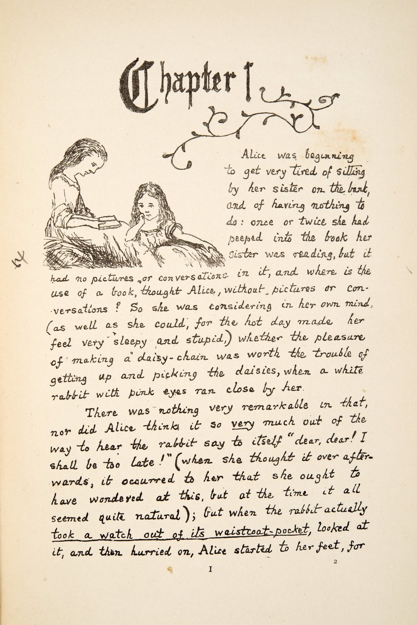 Alice sisarensa kanssa, kuvitus Alices Adventures Under Groundista, pub. 1886 (faksimile) tekijältä Charles Lutwidge Dodgson