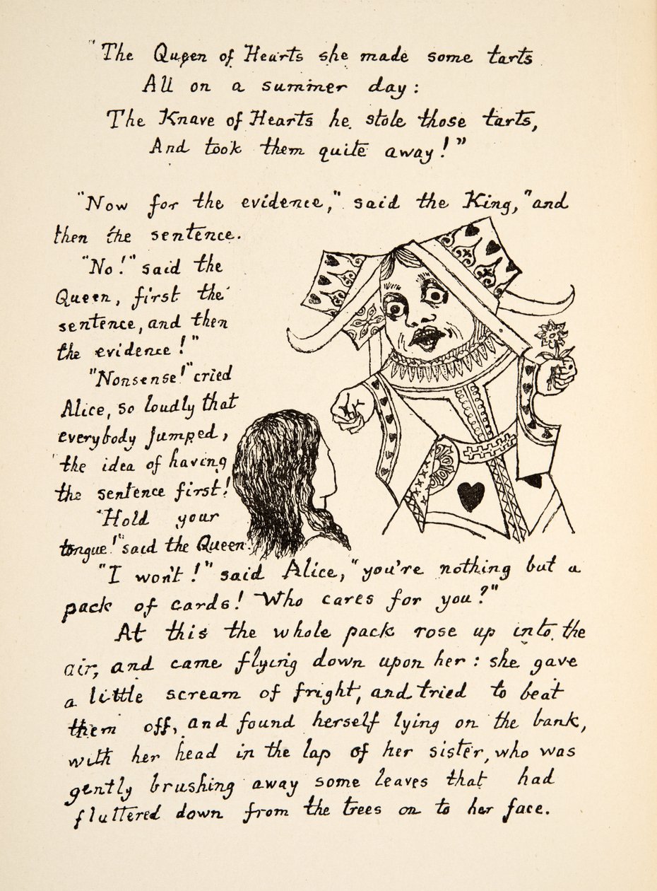 Punainen kuningatar sanoo: Pidä kielesi kiinni Liisalle, kuvitus teoksesta Alices Adventures Under Ground, pub. 1886 (faksimile) tekijältä Charles Lutwidge Dodgson