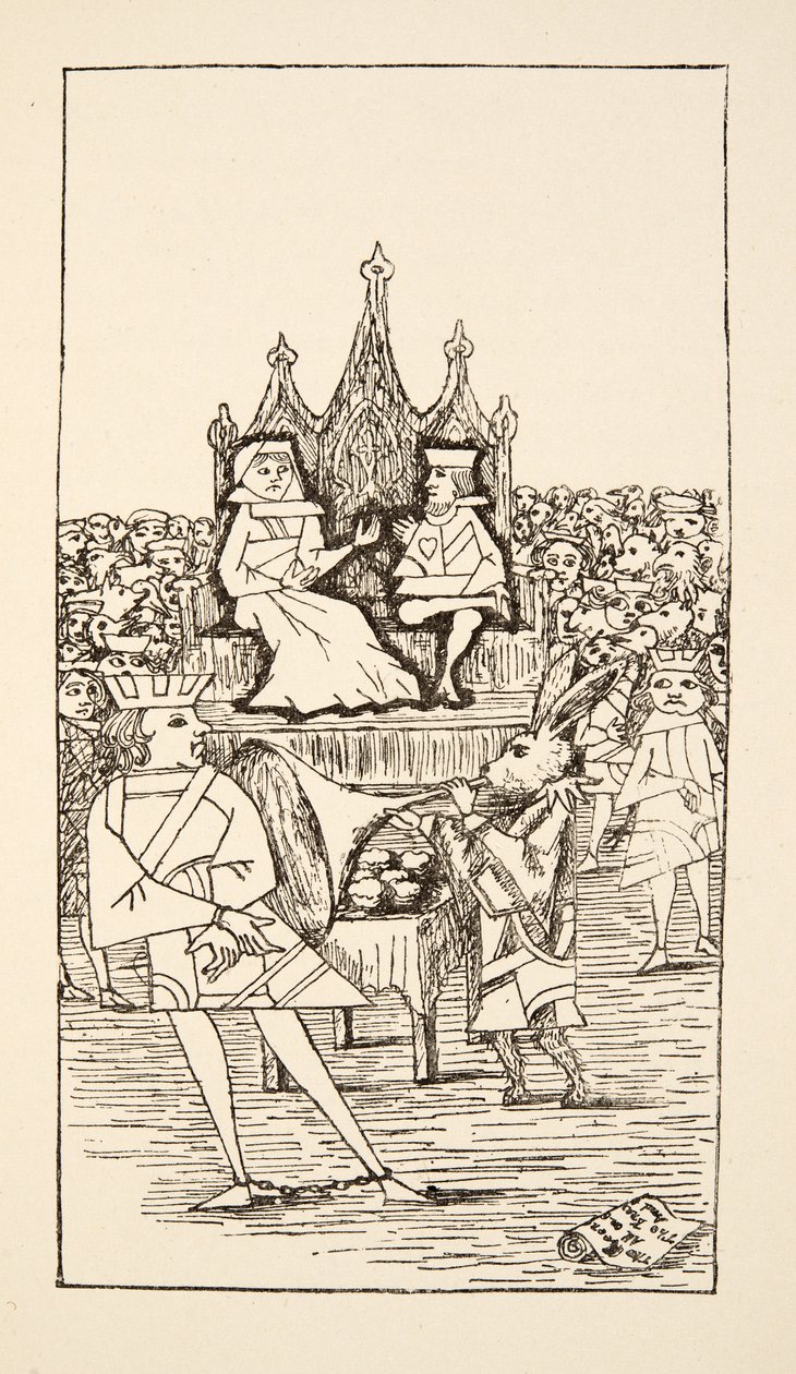 Trial of the Knave of Hearts, kuvitus Alices Adventures Under Groundista, pub. 1886 (faksimile) tekijältä Charles Lutwidge Dodgson