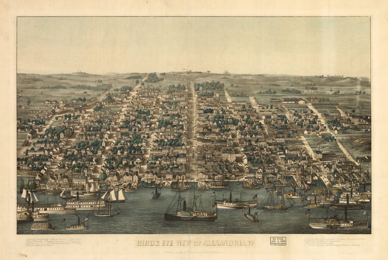 Alexandria, Vaasan osavaltio lintuperspektiivistä. LOC 81694373 tekijältä Charles Magnus