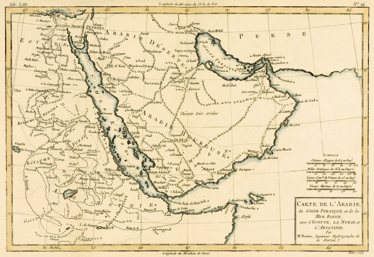 Arabia, Persianlahti ja Punainenmeri, Egypti, Nubia ja Abessinia, Guillaume Raynalin (1713-96) teoksesta Atlas de Toutes les Parties Connues du Globe Terrestre, Geneve, 1780 (värillinen) tekijältä Charles Marie Rigobert Bonne