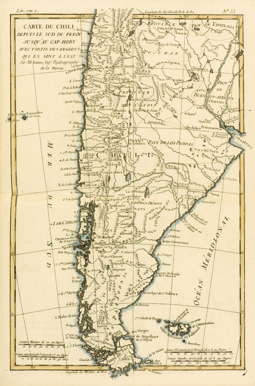 Chile, Perun eteläosasta Cape Horniin, Guillaume Raynalin (1713-96) Atlas de Toutes les Parties Connues du Globe Terrestren teoksesta Geneve, 1780 tekijältä Charles Marie Rigobert Bonne