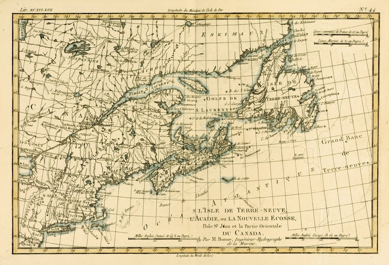 Itä-Kanada, Newfoundland, Nova Scotia ja St John Island, Guillaume Raynalin (1713-96) Atlas of All Known Parts of the Globe -julkaisusta, julkaistu J L Pellet, Geneve, 1780 (väritetty tekijältä Charles Marie Rigobert Bonne