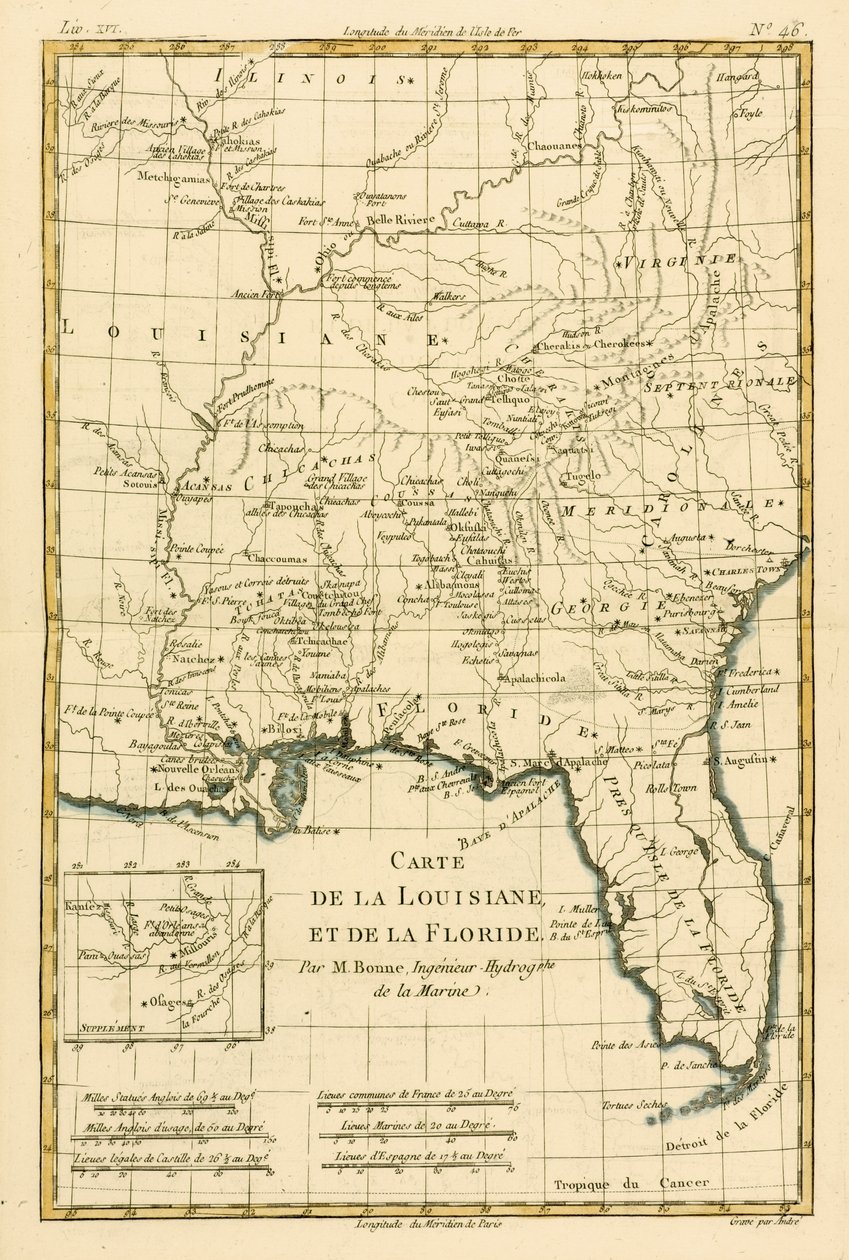 Louisiana ja Florida, Guillaume Raynal (1713-96) teoksesta Atlas de Toutes les Parties Connues du Globe Terrestre, julkaistu J L Pellet, Geneve, 1780 tekijältä Charles Marie Rigobert Bonne