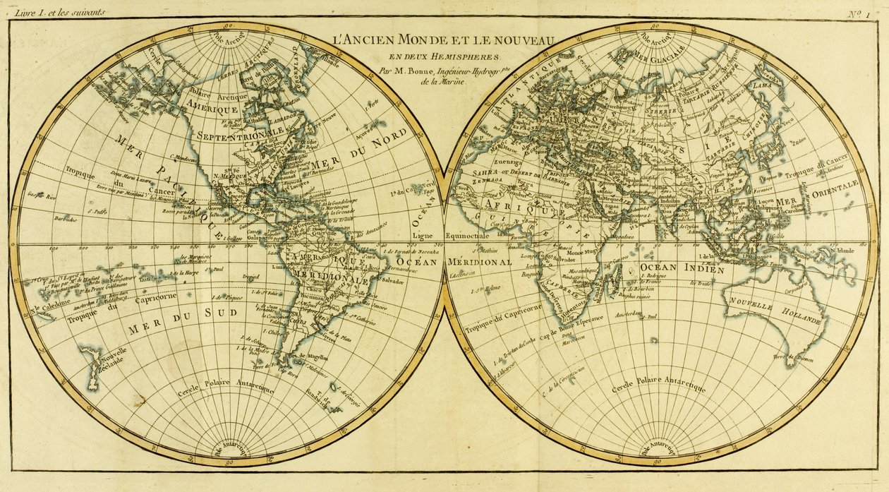 Maailman kartta kahdella pallonpuoliskolla, Guillaume Raynalin (1713-96) Genevessä 1780 julkaistusta Atlas de Toutes les Parties Connues du Globe Terrestrestä tekijältä Charles Marie Rigobert Bonne