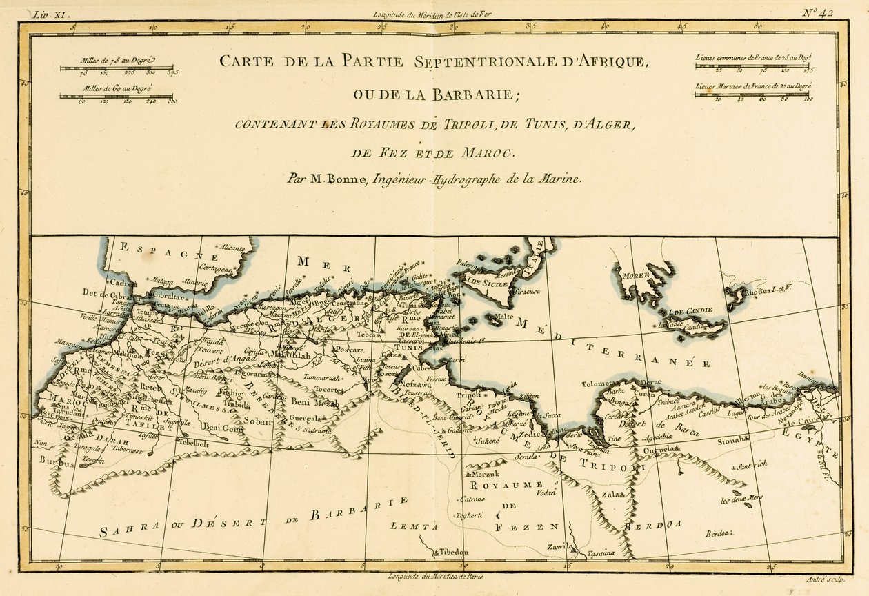Pohjois-Afrikka, mukaan lukien Tripolin, Tunisin ja Algerin kuningaskunnat; Fez ja Marokko, Guillaume Raynalin (1713-96) Atlas of All Known Parts of the Globe Terrestre, julkaisi Geneve, 1780 (väri tekijältä Charles Marie Rigobert Bonne