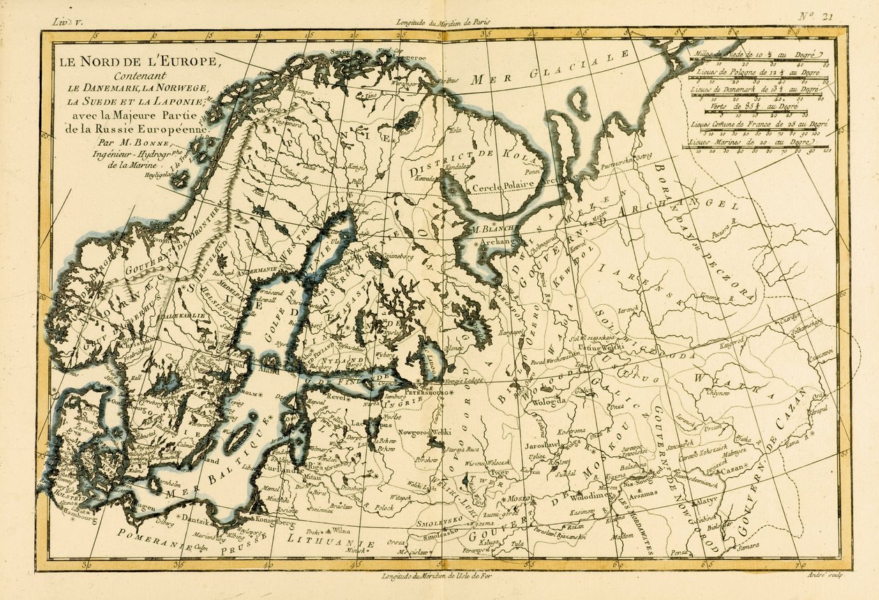 Pohjois-Eurooppa, mukaan lukien Tanska, Norja, Ruotsi ja Lappi, sekä suurin osa Länsi-Venäjästä, Guillaume Raynalin (1713-96) Genevessä julkaisemasta Atlas de Toutes les Parties Connues du Globe Terrestrestä, tekijältä Charles Marie Rigobert Bonne
