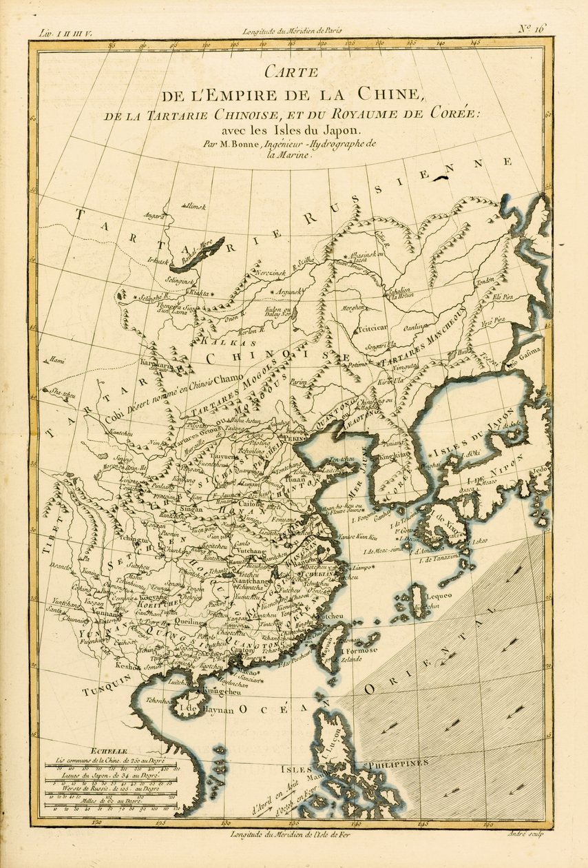 Kiinan valtakunta, Kiinan Tartaari ja Korean kuningaskunta Japanin saarten kanssa Guillaume Raynalin (1713-96) Atlas de Toutes les Parties Connues du Globe Terrestren julkaisusta 1780 (colou) tekijältä Charles Marie Rigobert Bonne