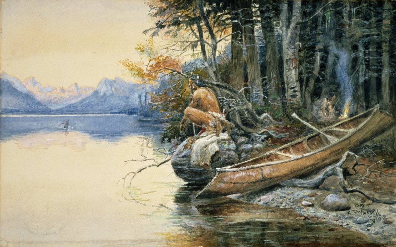 Leirintäalue järven rannalla, 1908 tekijältä Charles Marion Russell