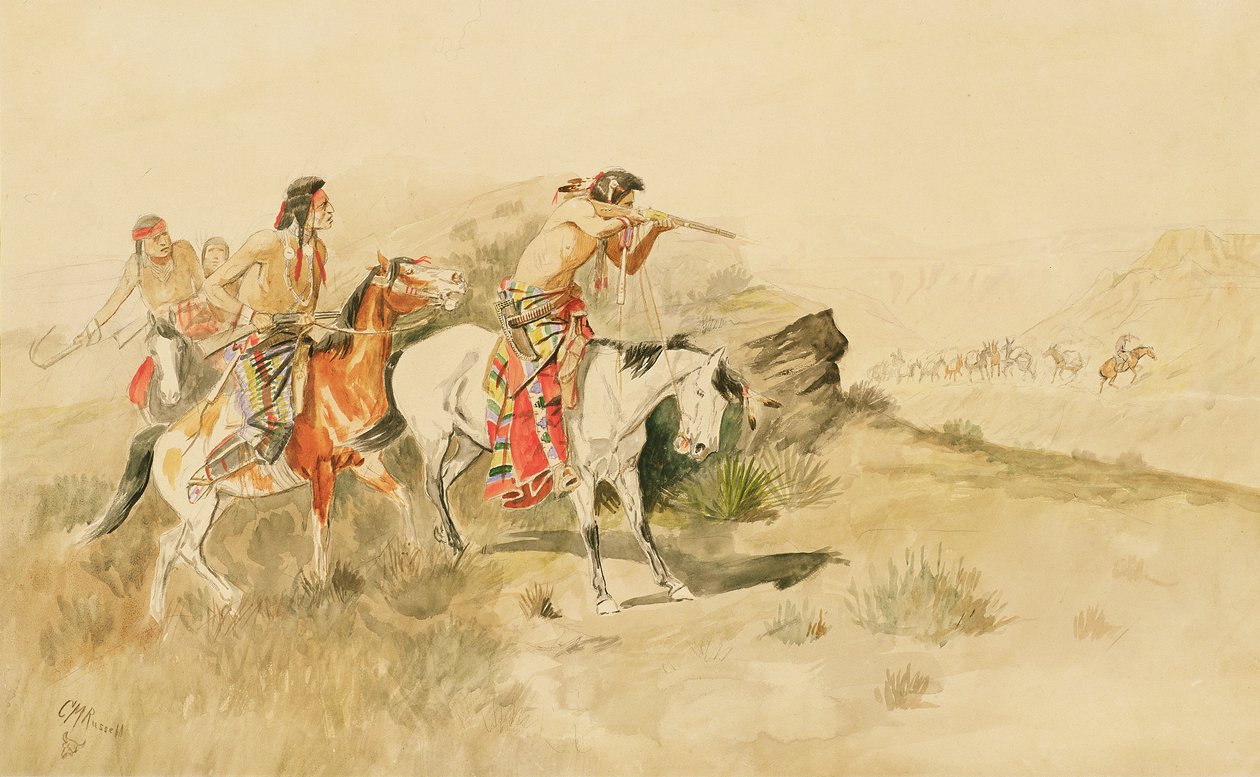 Attack on the Muleteers, n. 1895 (kynä ja wc paperilla) tekijältä Charles Marion Russell