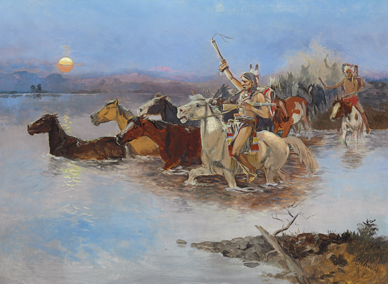 Joen ylitys, noin 1895 tekijältä Charles Marion Russell