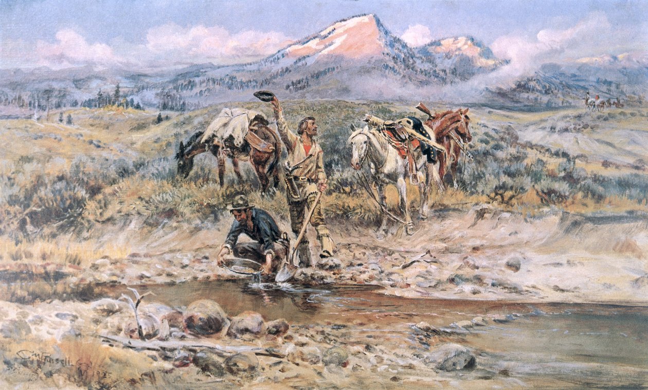 "Discovery of Last Chance Gulch" Montana (väri litho) tekijältä Charles Marion Russell