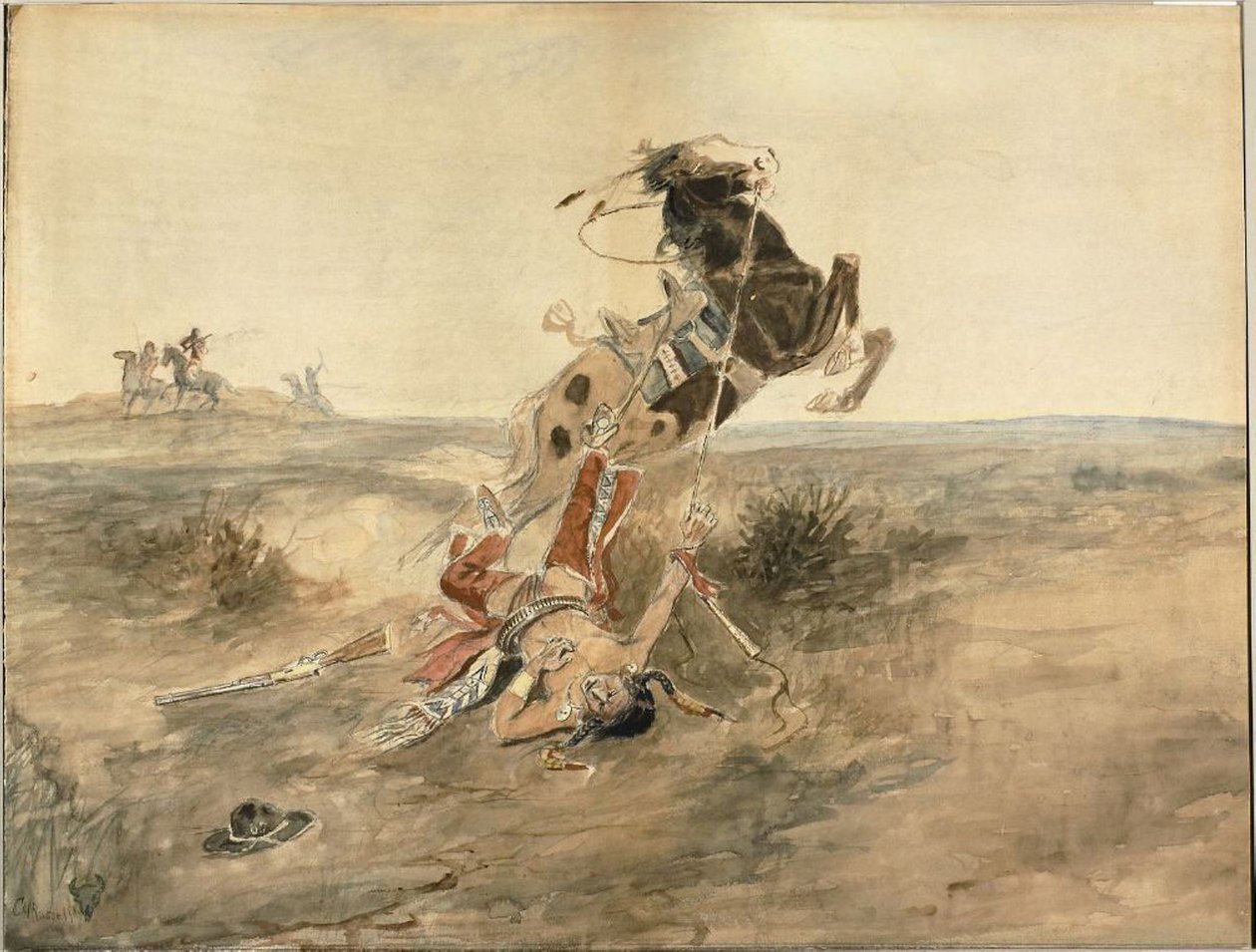 Kaatunut intiaanisoturi, noin 1886 (akvarelli ja grafiitti kermanväriselle paperiarkille). tekijältä Charles Marion Russell