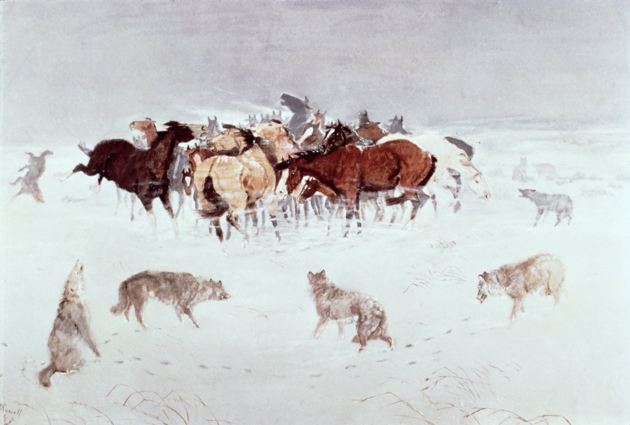 "Flying Hooves" (akvarelli paperille) tekijältä Charles Marion Russell