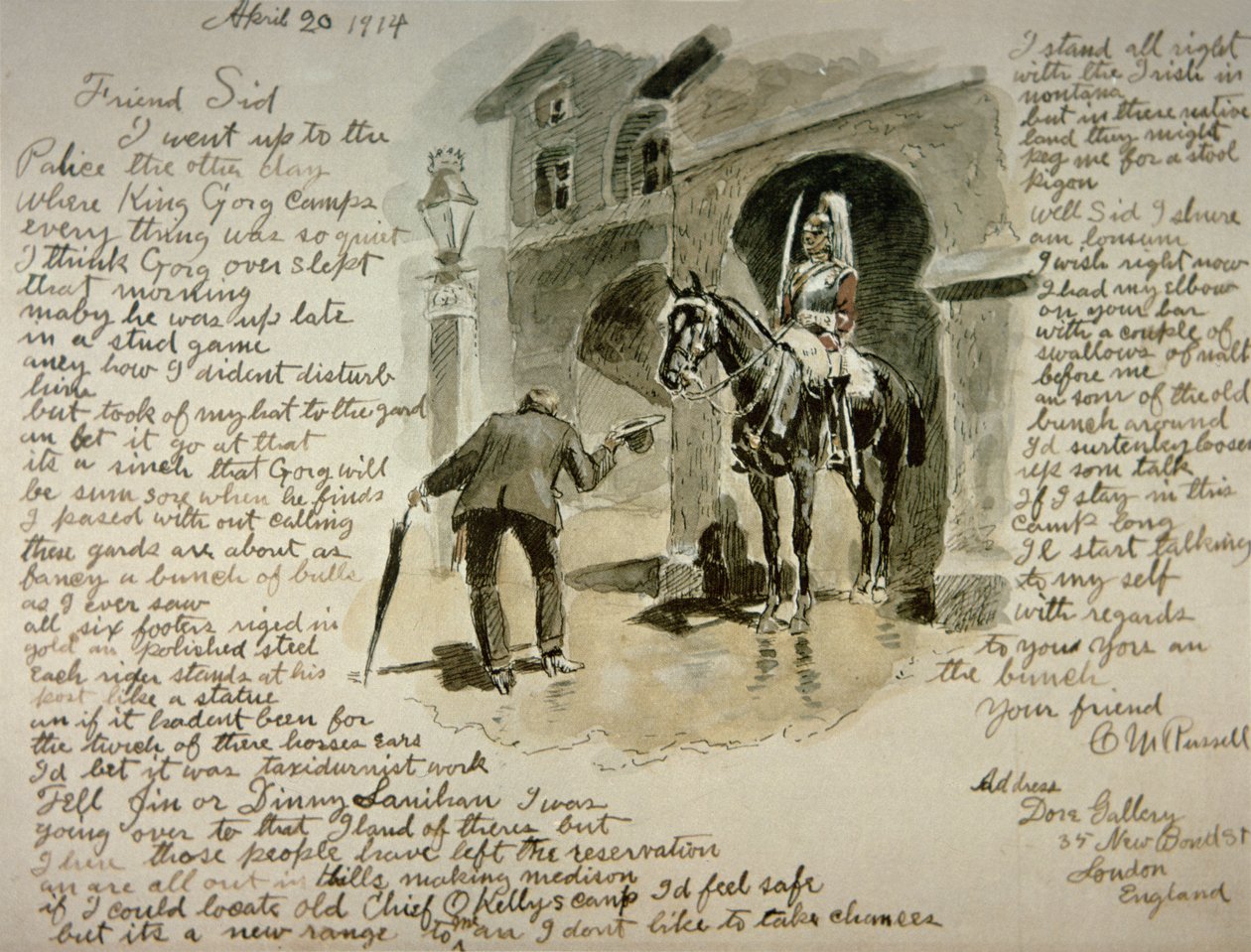 Kuvitettu kirje, 20. huhtikuuta 1914 (kynä ja muste ja pesu paperille) tekijältä Charles Marion Russell