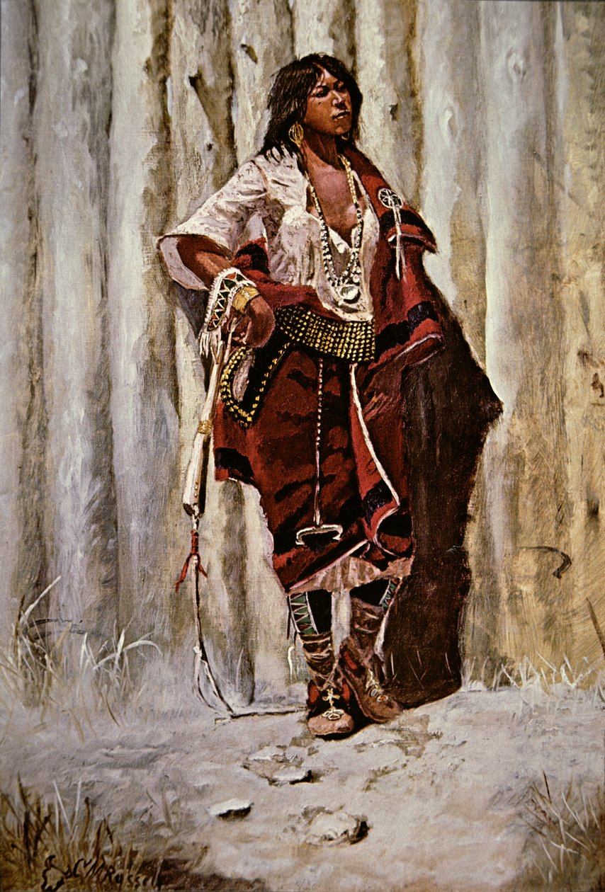 Indian Maid at the Stockade (öljy kankaalle) tekijältä Charles Marion Russell