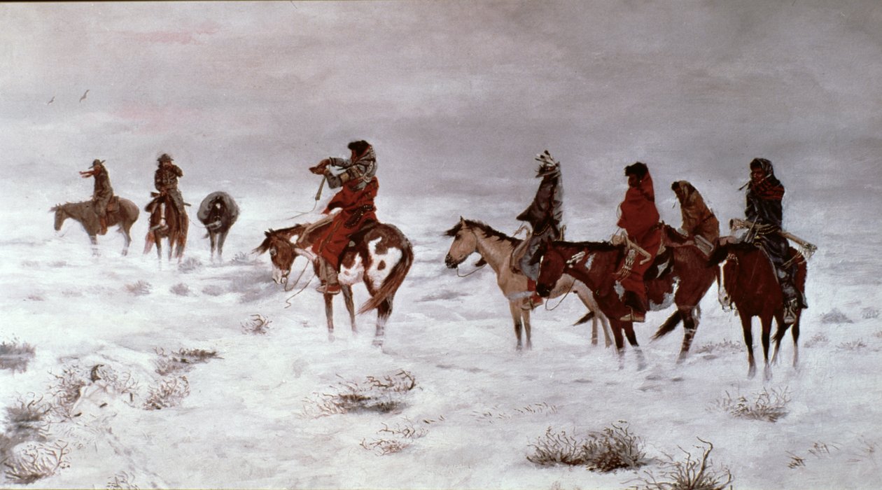 "Lost in a Snow Storm - We Are Friends" 1888 (öljy kankaalle) tekijältä Charles Marion Russell