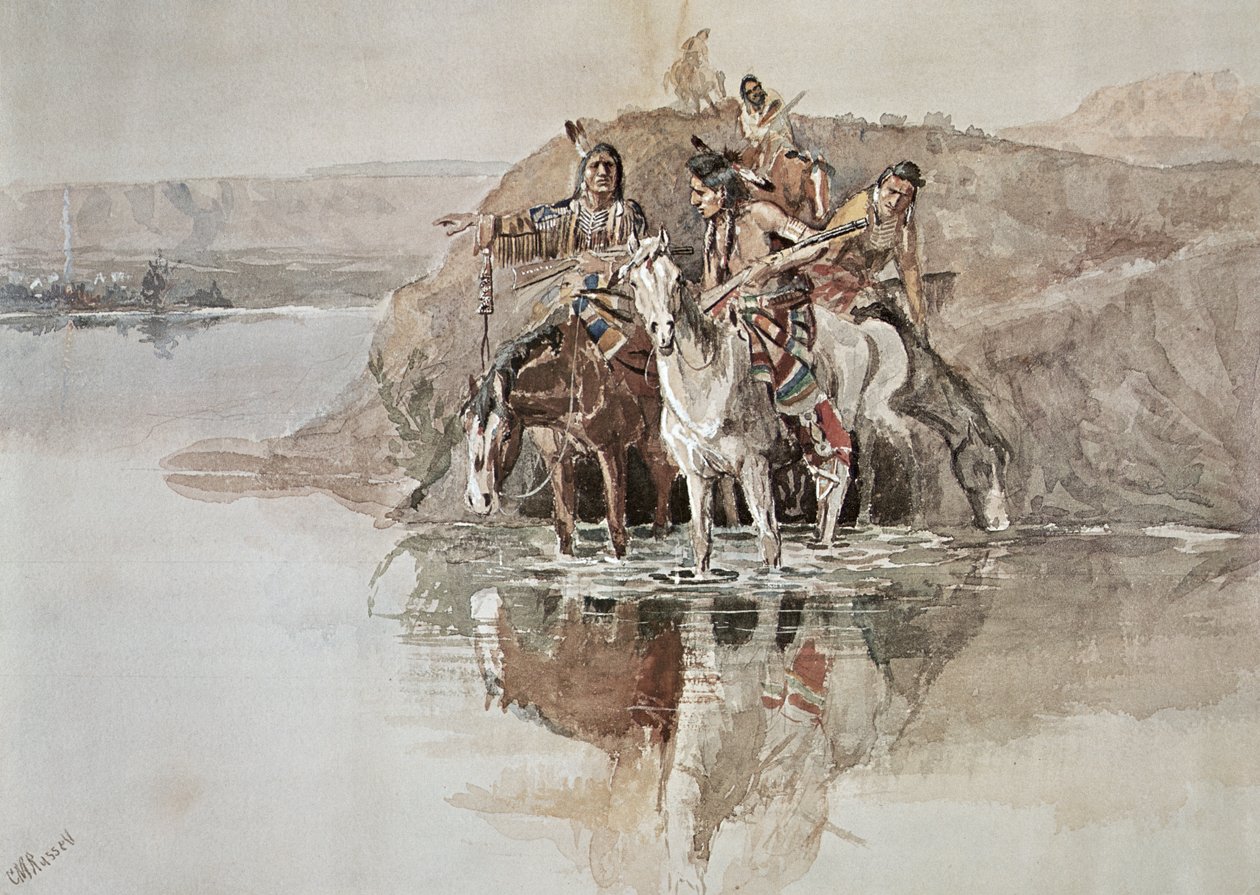 Native American "War Party" (akvarelli paperille) tekijältä Charles Marion Russell
