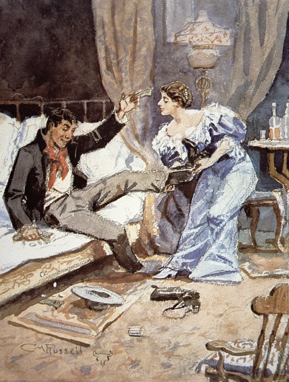 Saloontyttö humalaisen cowboyn kanssa, n.1898 (akvarelli paperille) tekijältä Charles Marion Russell