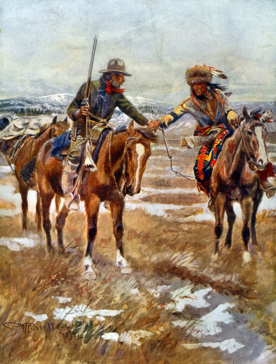 Amerikkalaisten ja intiaanimiesten tapaaminen hevosen selässä kättelemässä tekijältä Charles Marion Russell