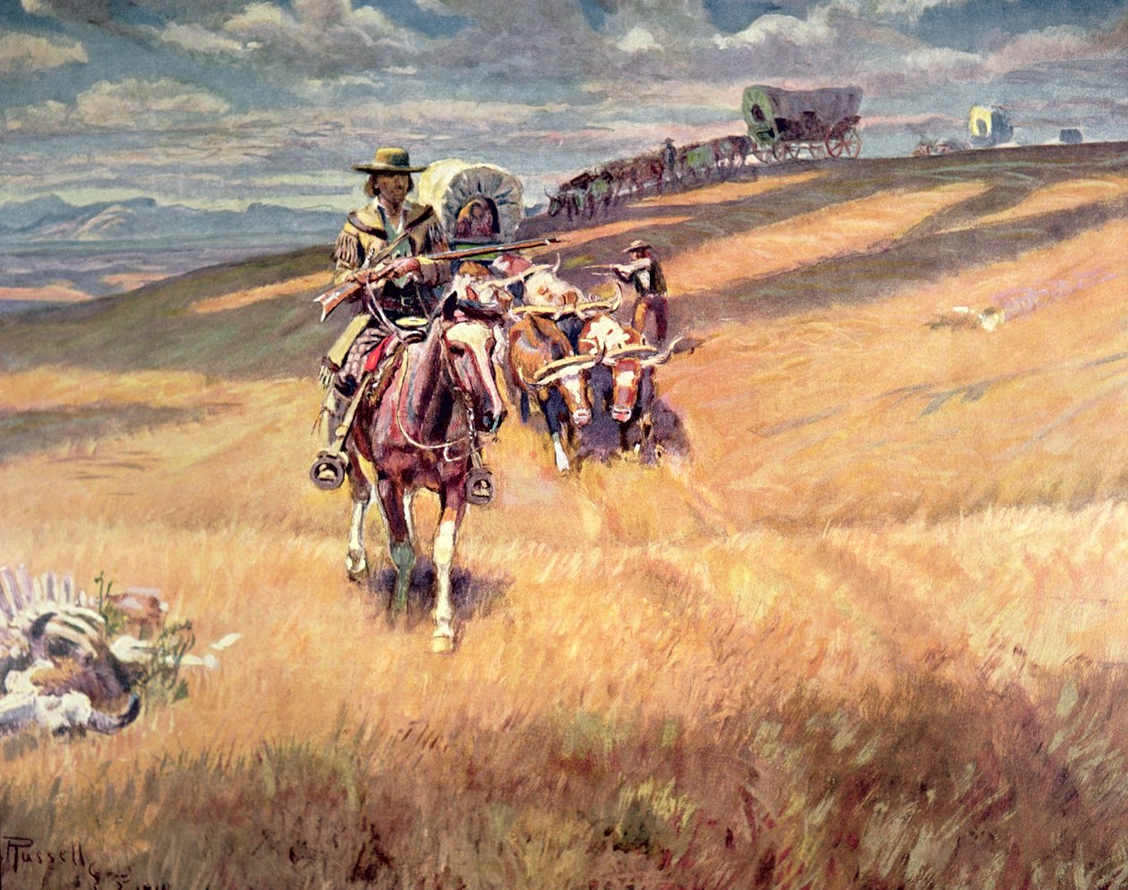 "Kun vaunujen jäljet olivat hämäriä" (öljy kankaalle) tekijältä Charles Marion Russell