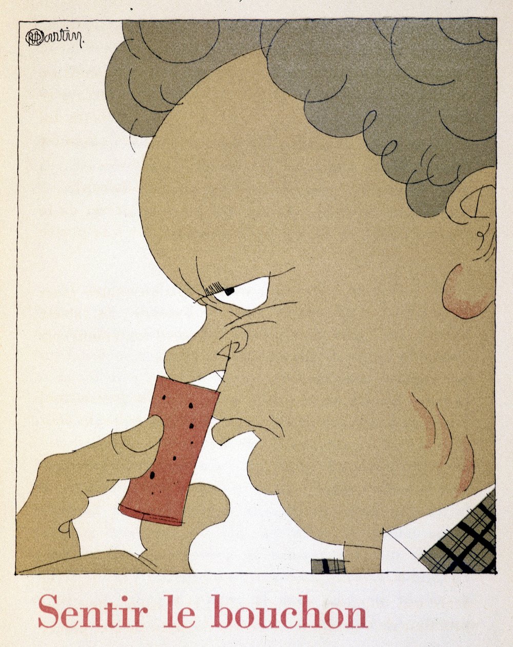Feeling the cork - in ""Monseigneur le vin"", piirros Charles Martin (1884-1934), Etablissements Nicolas -vihkonen tekijältä Charles Martin