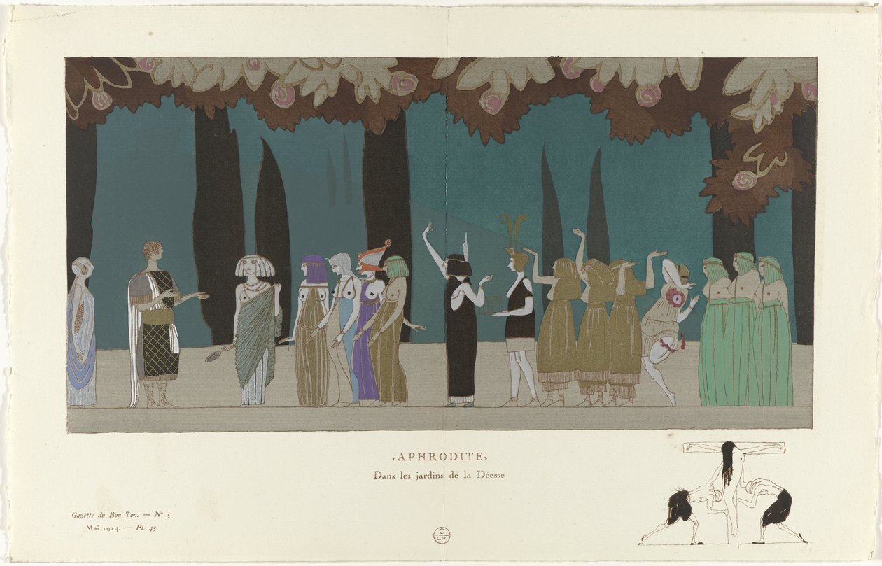 Gazette du Bon Ton, 1914 - nro 5, pl. 43: Aphrodite / Jumalattaren puutarhoissa (otsikko esineessä) tekijältä Charles Martin