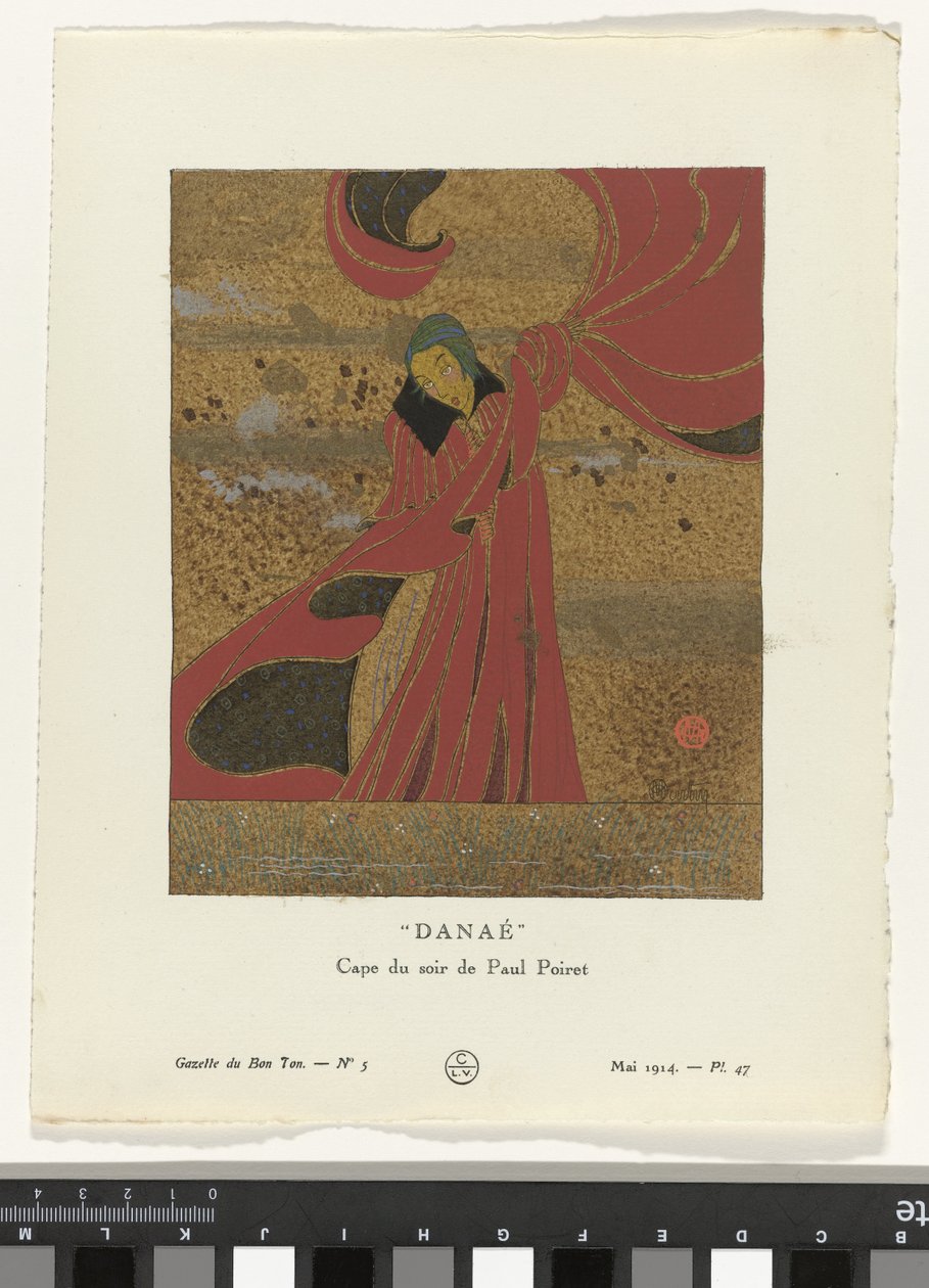 Gazette du Bon Ton, 1914 - No. 5, Pl. 47: Danae / Evening Cape, Paul Poiret (otsikko esineessä) tekijältä Charles Martin