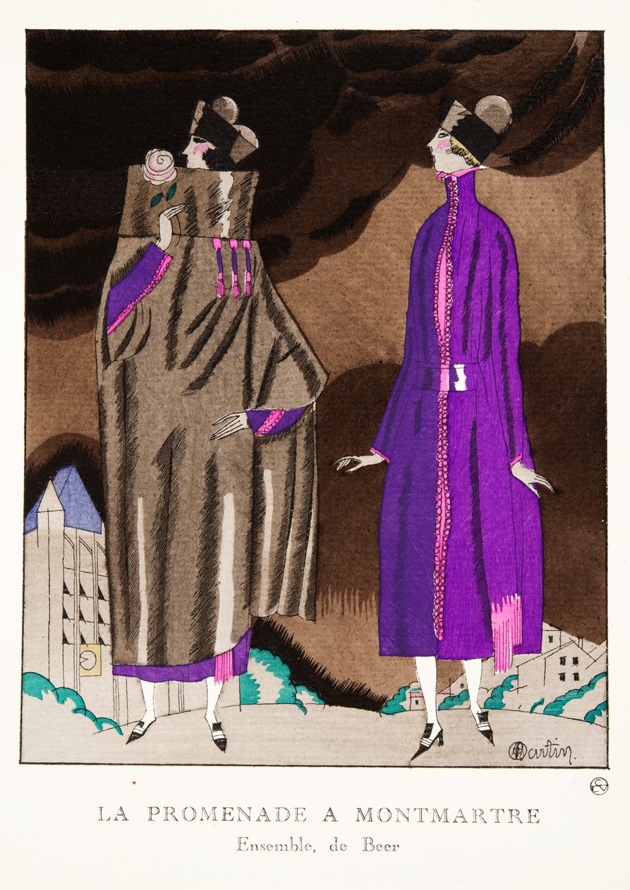 La Promenade a Montmartre, muotikuvakokoelmasta, 1920 (pochoir-painatus). tekijältä Charles Martin