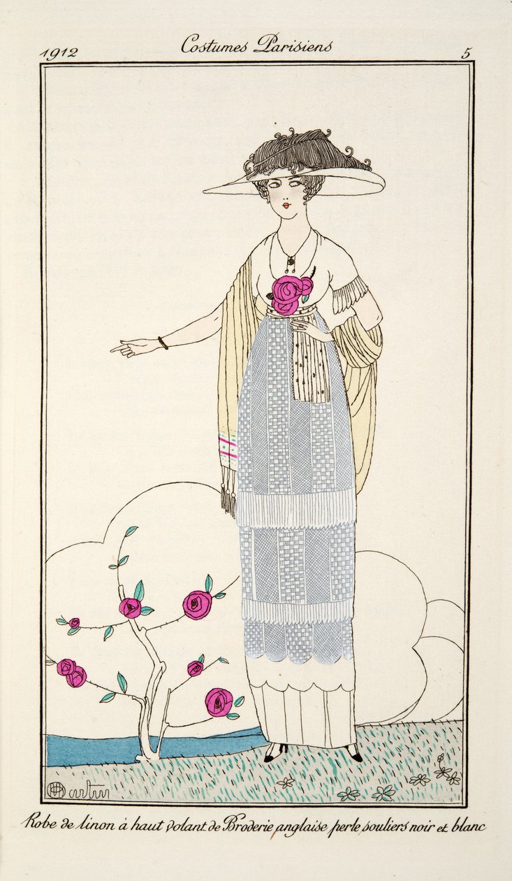 Pellavamekko korkealla röyhelöllä Broderie anglaise Pearl mustavalkoisista kengistä, Plate 5, Costumes Parisiens julkaistu Journal des Dames et des Modes, 1912 (käsinvärinen kaiverrus) tekijältä Charles Martin