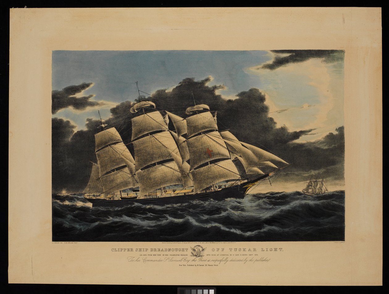 Clipper-alus Dreadnought Tuskar Lightin edustalla 12 1/2 päivän päässä New Yorkista sen juhlallisella siirtymisellä Liverpoolin telakkaan 13 päivässä ja 11 tunnissa joulukuussa 1854... (litografia, värillinen) tekijältä Charles & Mcfarlane Duncan (1818 1865) Parsons