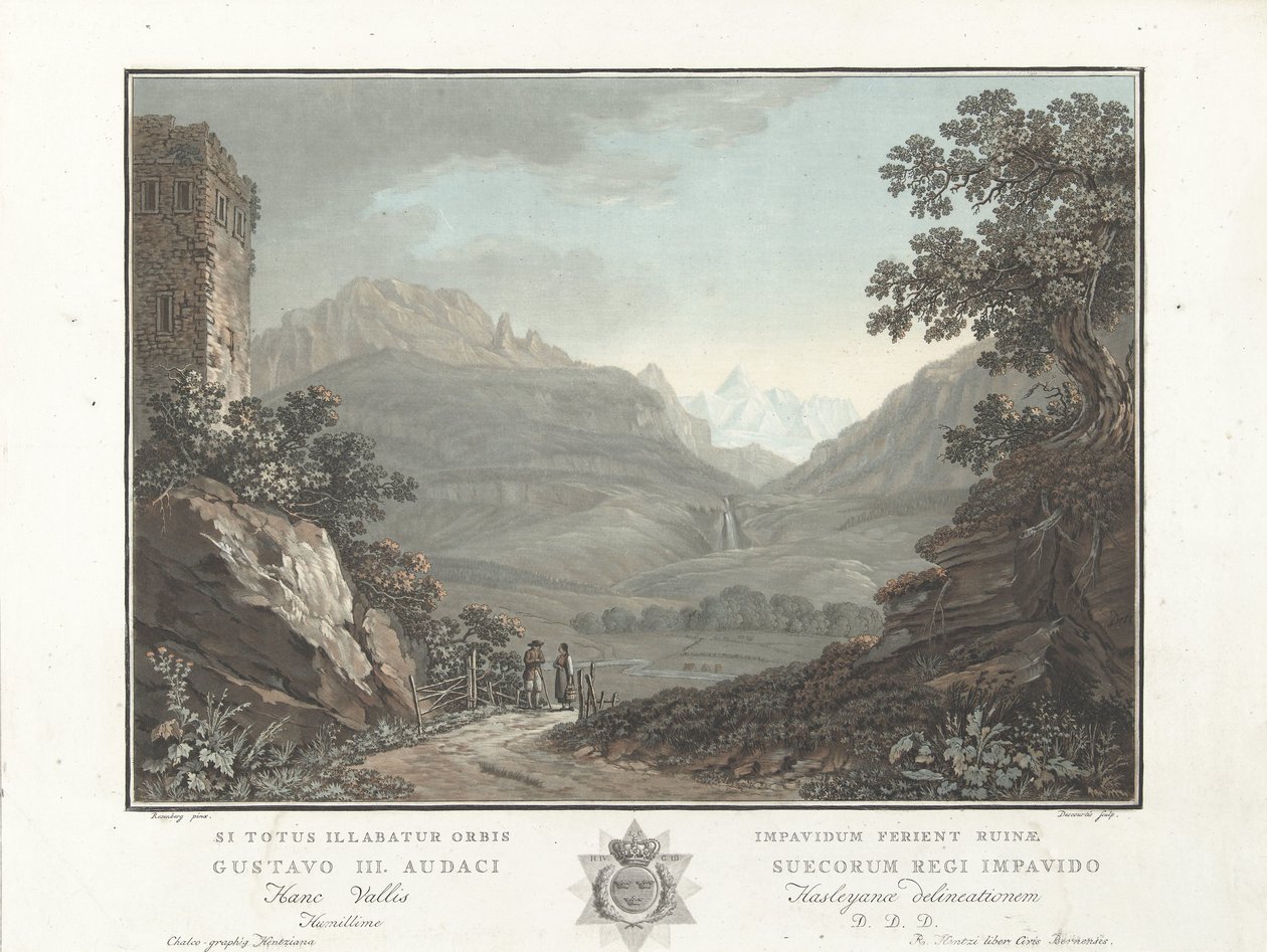 Berglandschap Zveitsissä Näkymä Oberhashin laaksoon (otsikko esineessä) Merkittävät näkymät Sveitsin vuorille (sarjan nimi) tekijältä Charles Melchior Descourtis
