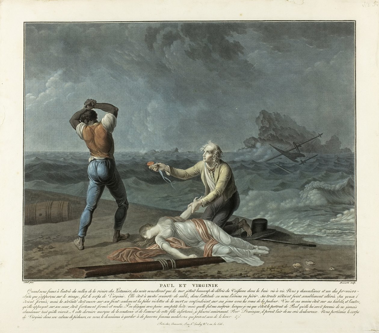 Virginien ruumiin löytäminen, levy 5 teoksesta Paul et Virginie (Paul et Virginie) tekijältä Charles Melchior Descourtis