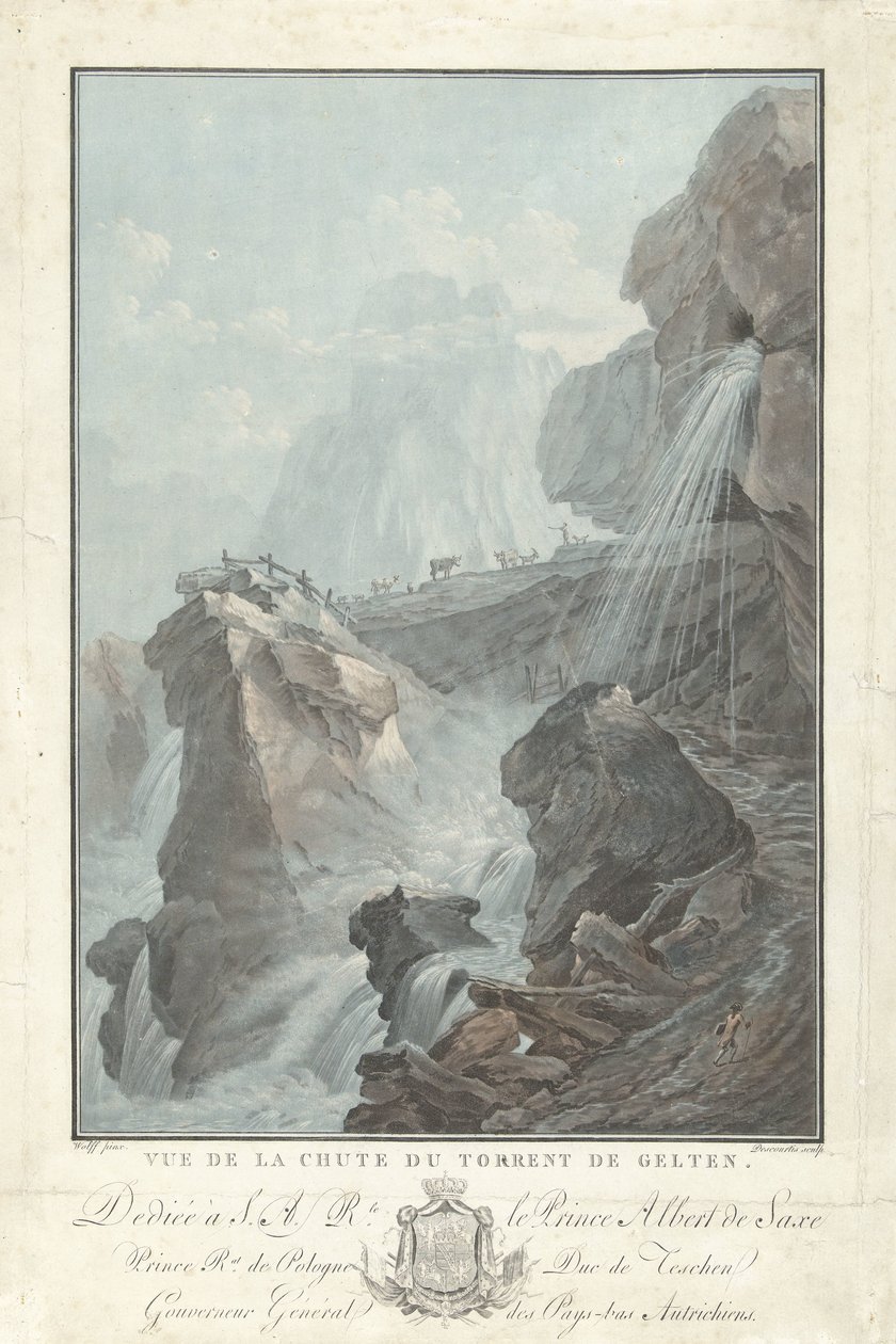 Näkymä Geltenin vesiputoukselle Näkymä Chute du Torrent de Geltenille (otsikko esineessä) Upeat näkymät Sveitsin vuorille (sarjan nimi) tekijältä Charles Melchior Descourtis