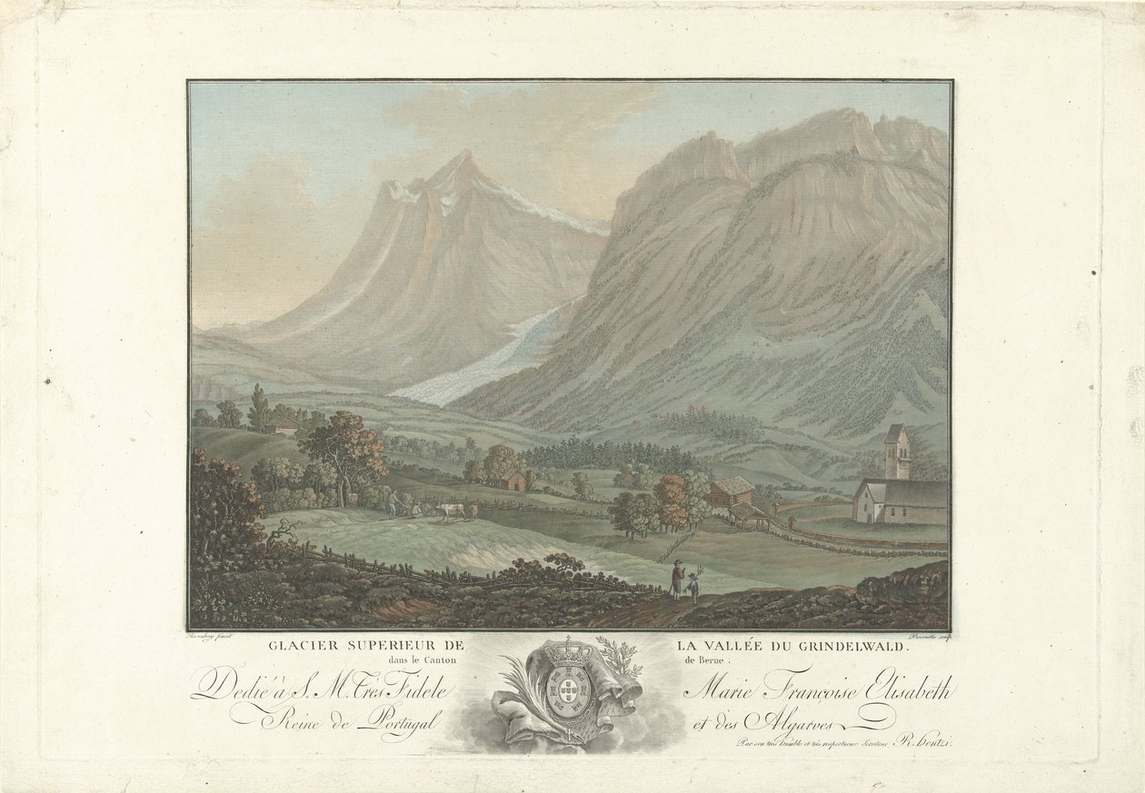 Gletsjer bij de valley van Grindelwald Grindelwald-laakson yläjäätikkö Bernin kantonissa (otsikko esineessä) Merkittävät näkymät Sveitsin vuorille (sarjan nimi) tekijältä Charles Melchior Descourtis