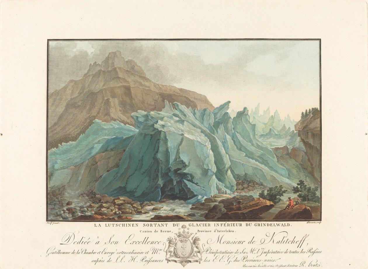 Lutschinen nousemassa ala-Grindelwaldin jäätikköstä, 1785. tekijältä Charles Melchior Descourtis