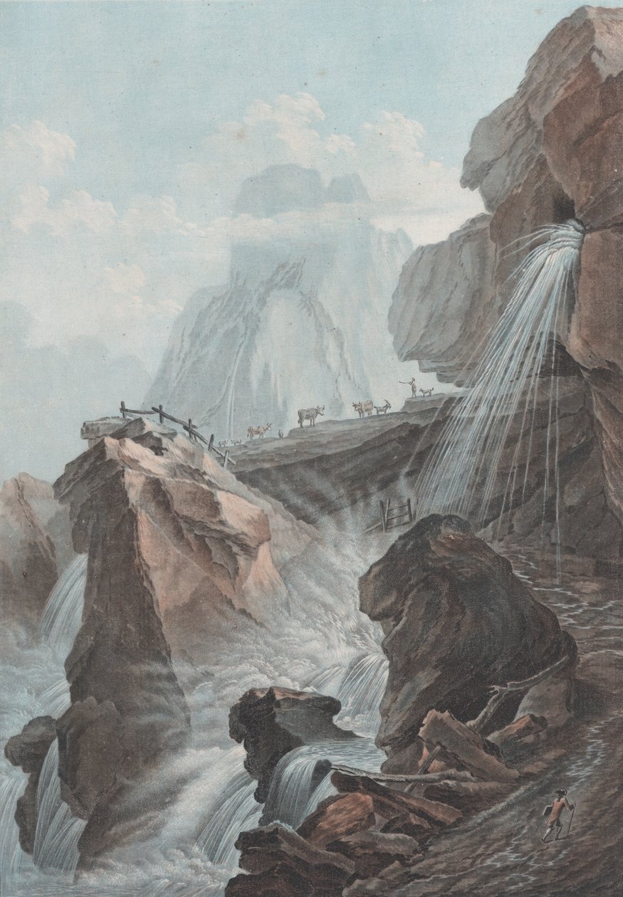 Näkymä Gelten-joen vesiputoukselle, 1785. tekijältä Charles Melchior Descourtis