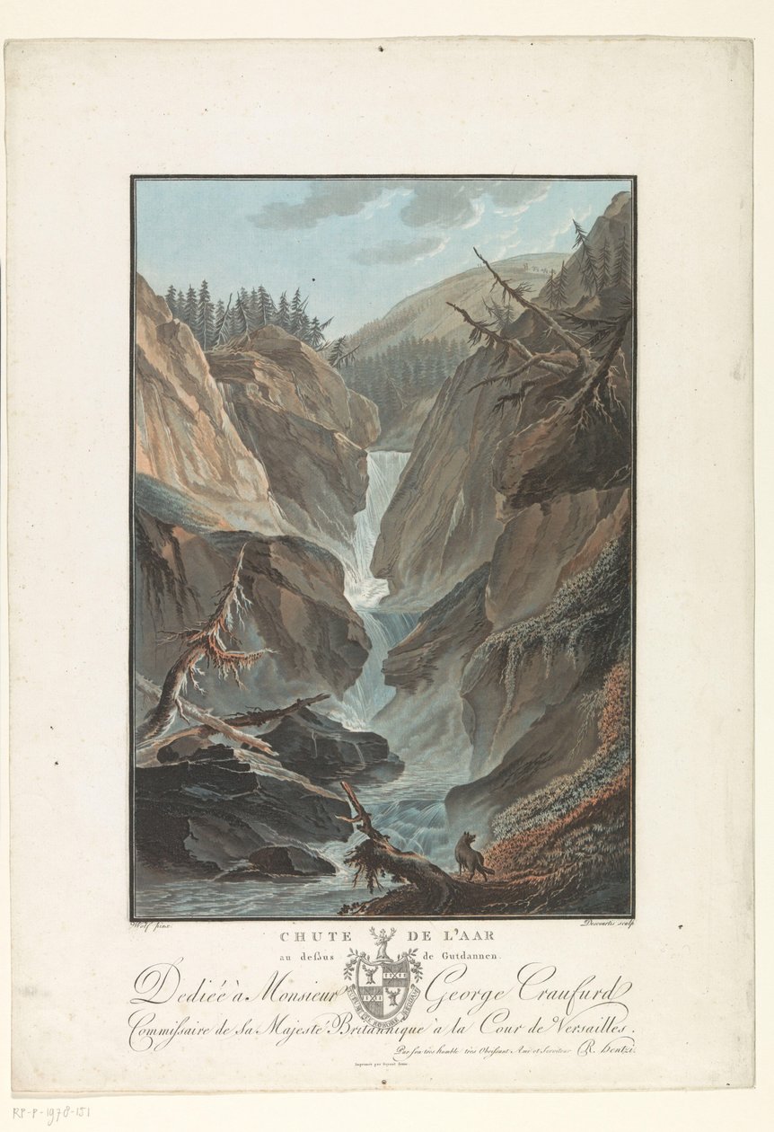 Waterval van de Aare -joki Aaren putoaminen Gutdannen yllä (otsikko esineessä) Merkittävät näkymät Sveitsin vuorille (sarjan nimi) tekijältä Charles Melchior Descourtis