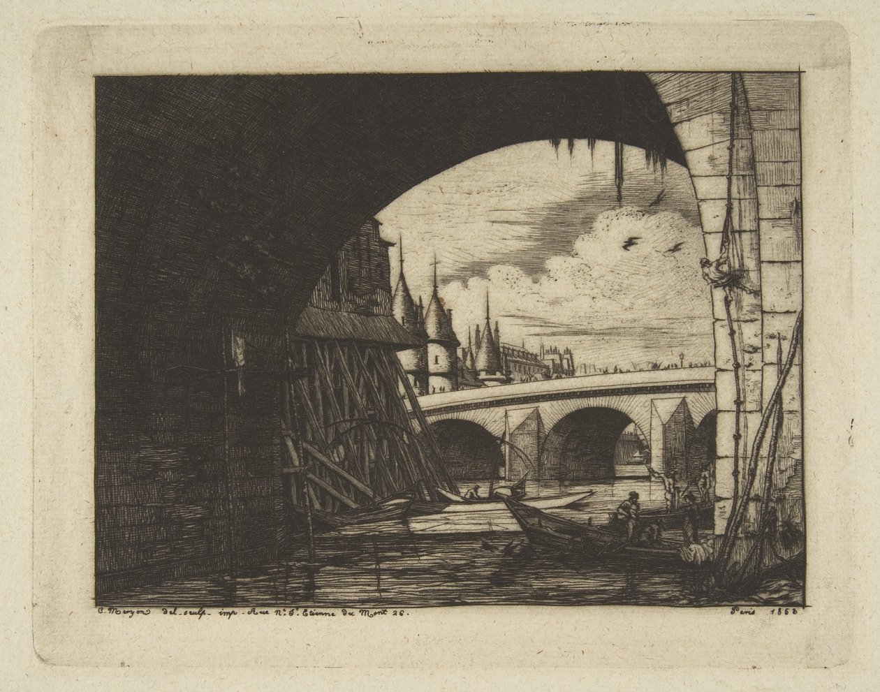 Kaarikäytävä, Pont Nôtre-Dame, Pariisi, teoksesta ”Etchings of Paris” tekijältä Charles Meryon