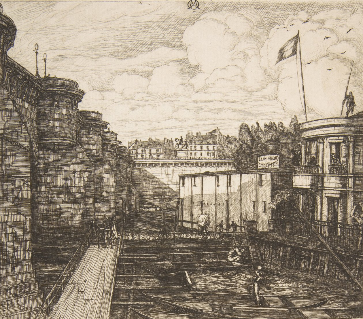 Bain-froid Chevrier Chevrierin kylmäkylpylaitos tai The School Baths, Pariisi, 1864. tekijältä Charles Meryon