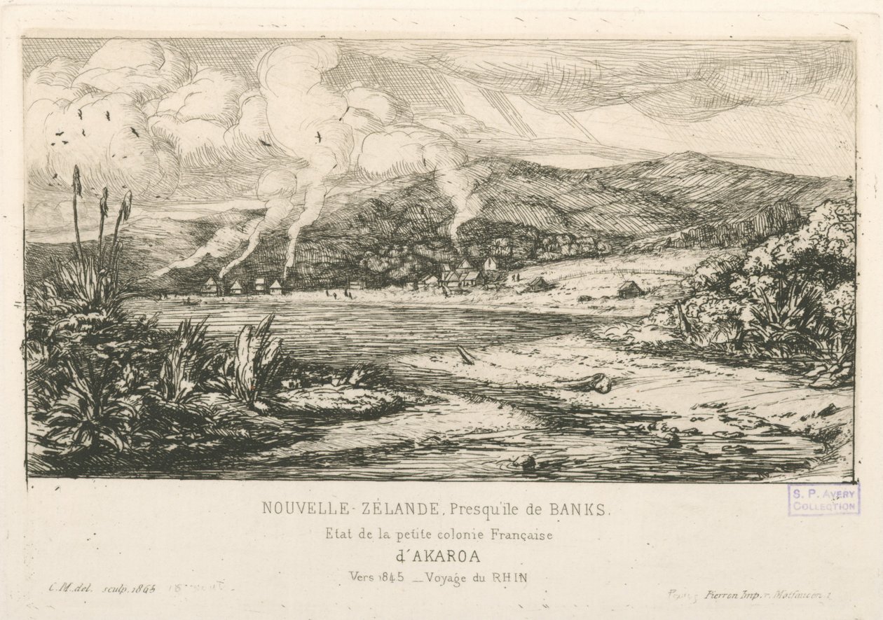 Pienen ranskalaisen Akaroan siirtokunnan osavaltio, kuva teoksesta "Etchings of the Pacific..." tekijältä Charles Meryon