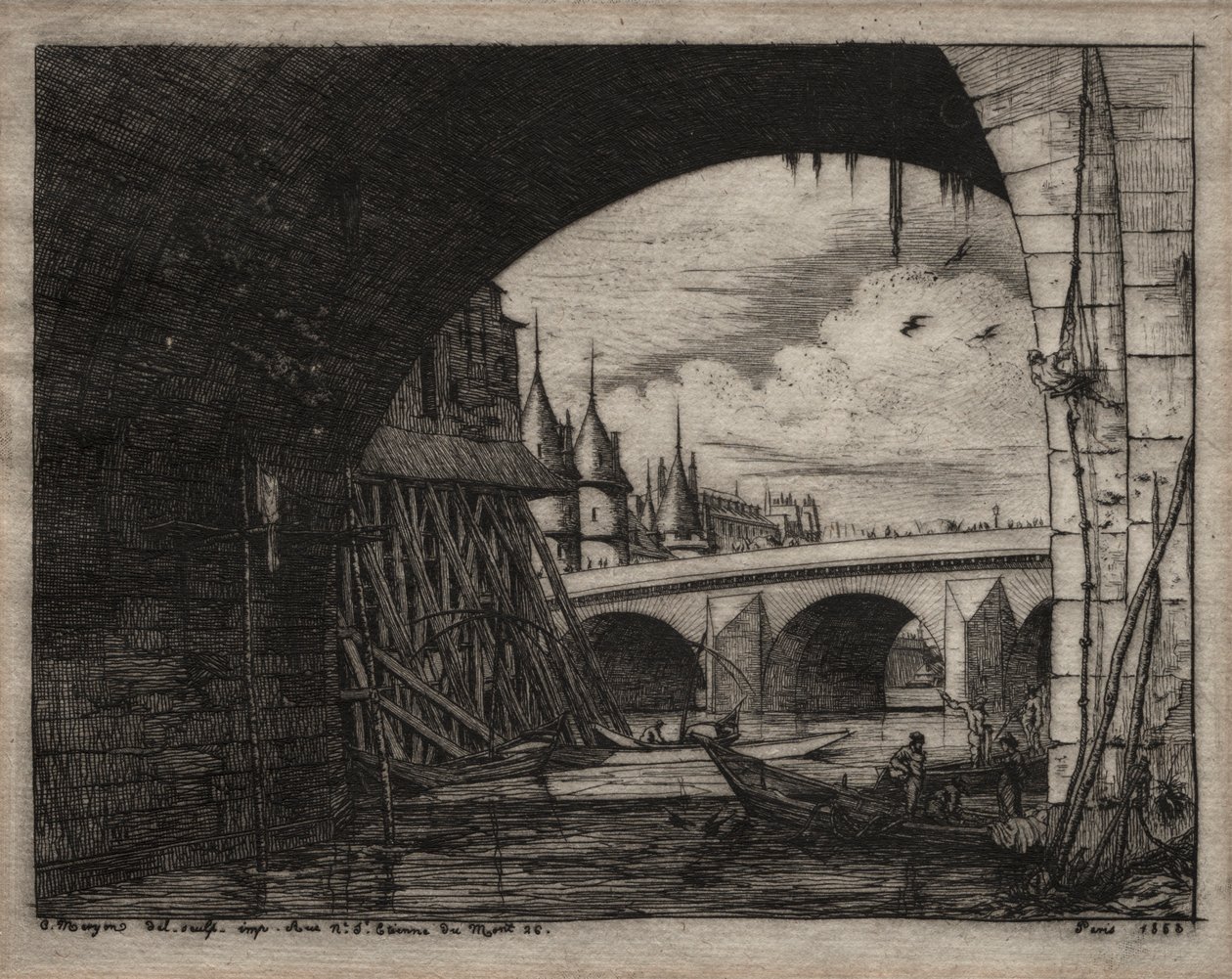 Pariisin etsaukset: Notre Damen sillan kaari, 1853. tekijältä Charles Meryon