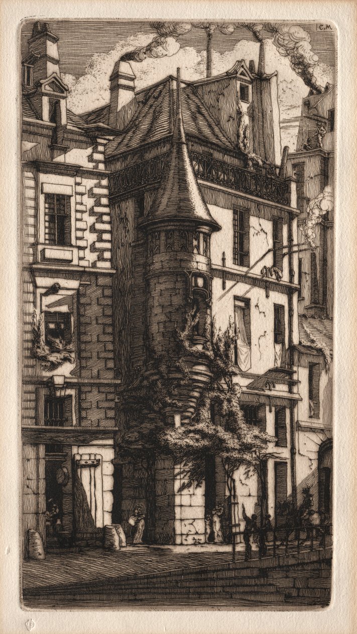 Pariisin etsaukset: Talo tornilla, Weavers Street, 1852. tekijältä Charles Meryon