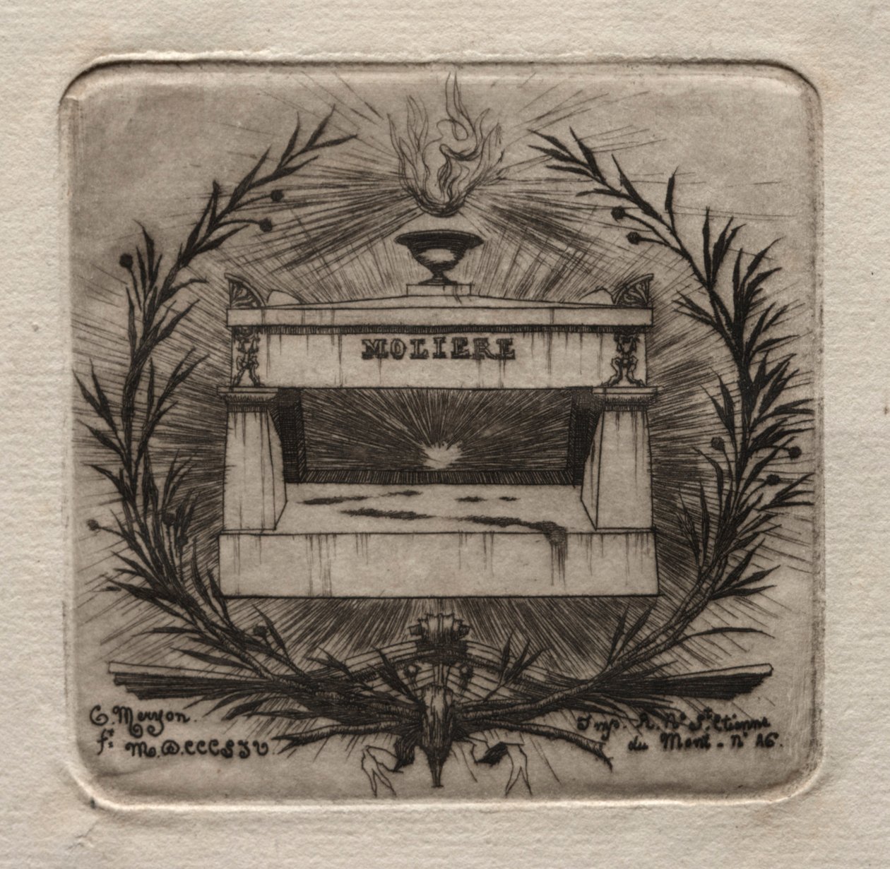 Pariisin kaiverrukset: Molièresin hauta Pere Lachaisen hautausmaalla, 1854. tekijältä Charles Meryon