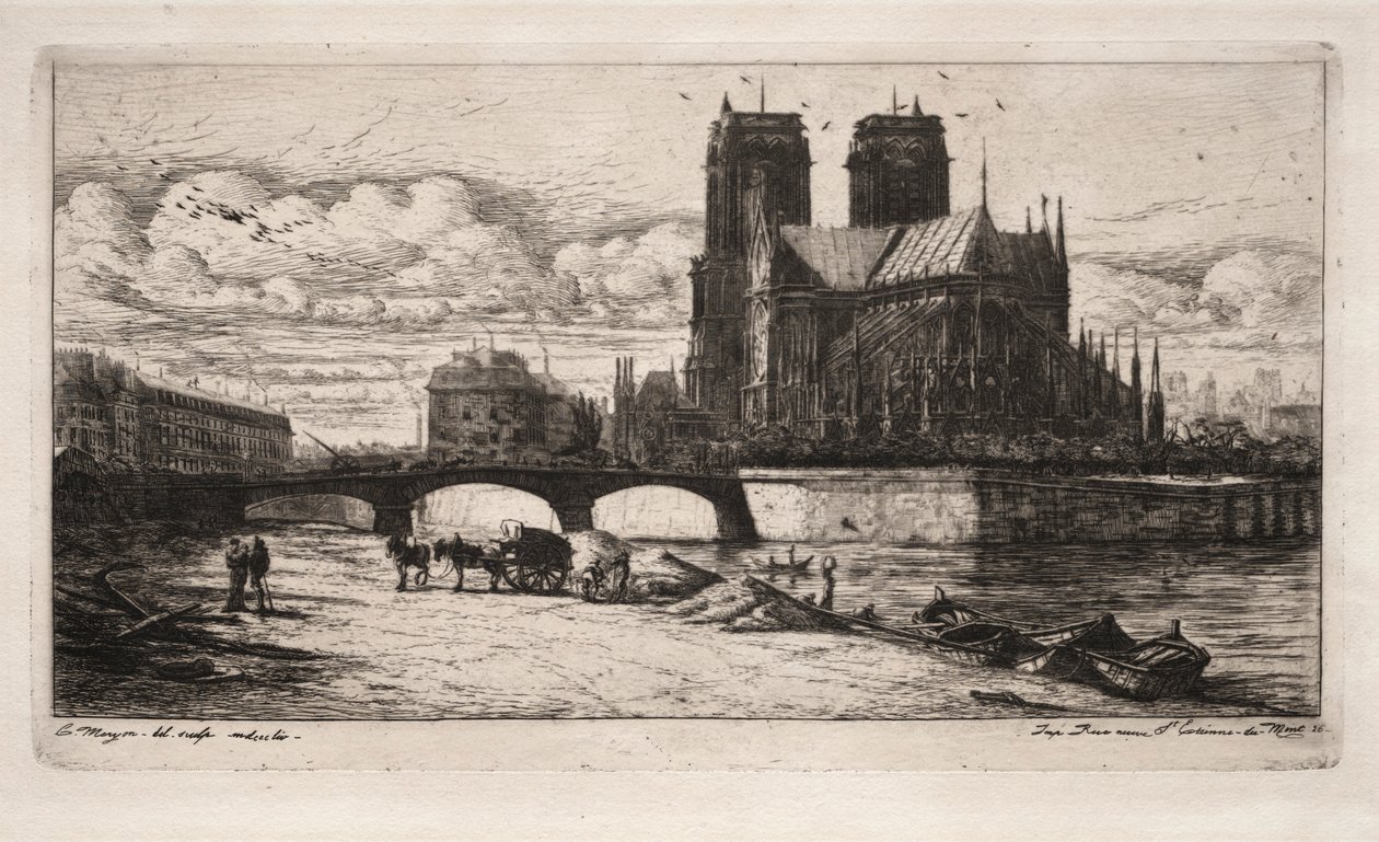 Pariisin etsaukset: Notre Damen katedraalin apsi, 1854. tekijältä Charles Meryon