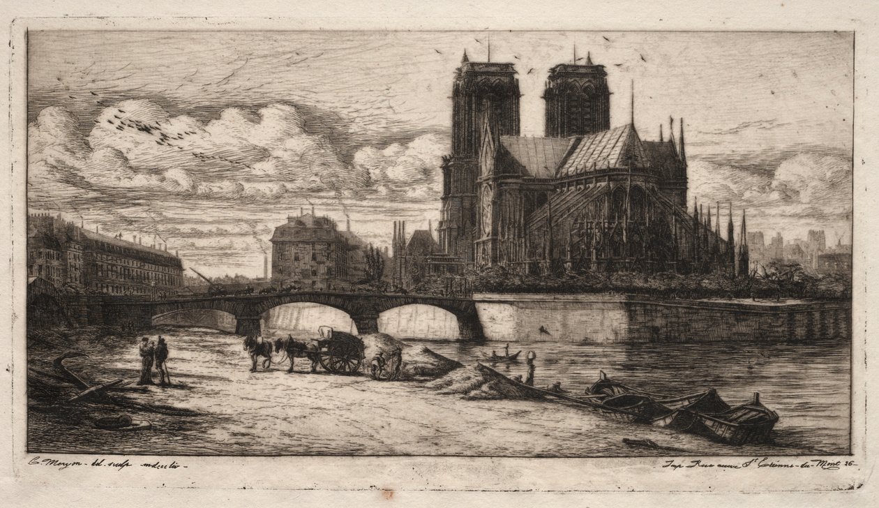 Pariisin etsaukset: Notre Damen katedraalin apsi, 1854. tekijältä Charles Meryon